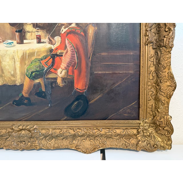 Original antique oil on canvas signed “Holly” depicting a lively Old World tavern interior with three gentlemen gathered...