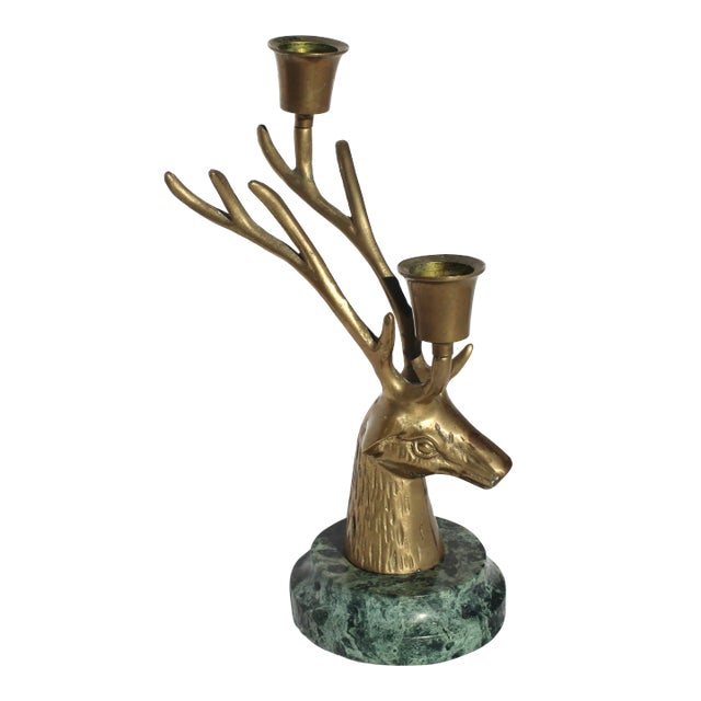 1980s Petites Choses Brass Deer Candelabra With Green Marble Base For Sale