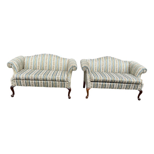 Mid 20th Century Pair Taylor-King Queen Anne Camelback Sofa Loveseat Floral Blue White Stripe For Sale
