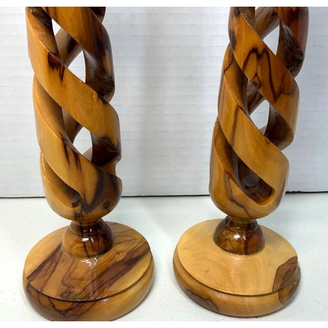 Vintage Holy Land Olive Wood Spiral Pilar Candlesticks Holders-Pair For Sale - Image 4 of 7