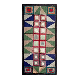 1920s Multicolor Geometric Folk Art Antique American Hooked Rug 3'2" X 6'4" Handknotted Wool Carpet For Sale