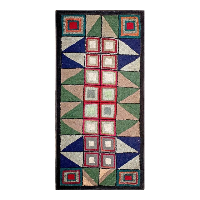 1920s Multicolor Geometric Folk Art Antique American Hooked Rug 3'2" X 6'4" Handknotted Wool Carpet For Sale