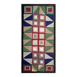 1920s Multicolor Geometric Folk Art Antique American Hooked Rug 3'2" X 6'4" Handknotted Wool Carpet