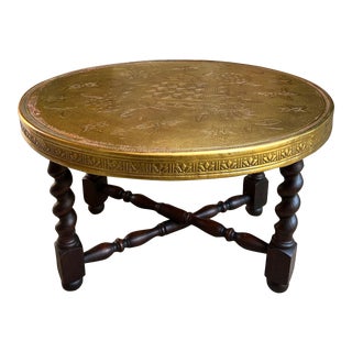 Vintage English Round Brass Coffee Tea Wine Table Folding W Barley Twist Base For Sale
