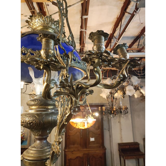 French 1880s French Bronze and Cobalt Opaline Chandelier – Var Region, Provence For Sale - Image 3 of 9