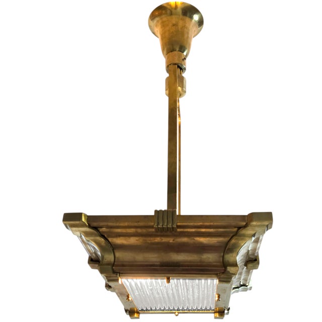 Early 20th Century Rectangular Industrial Brass and Glass Rod Vintage Chandelier For Sale - Image 9 of 18