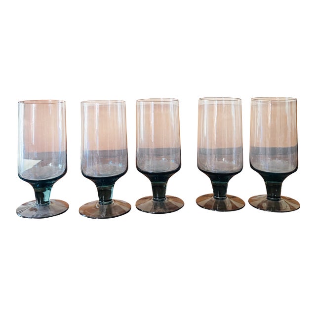 Set of Five (5) Vintage Smoky Blue Gray Glass Goblets Attributed to Dartington For Sale