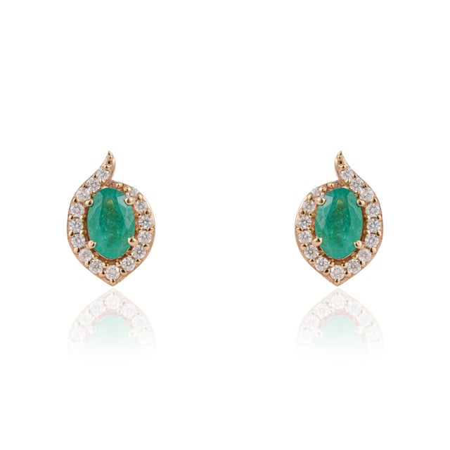 VR Jewels VRJewels Natural Zambian Emerald Studs With Halo Diamonds in 14k Yellow Gold- A Pair For Sale - Image 4 of 16