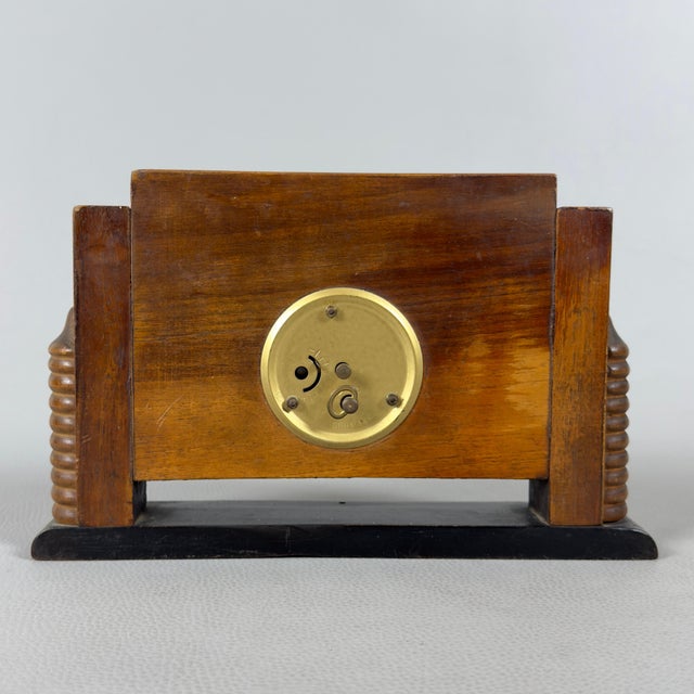 Vintage Art Deco Mechanical Table Clock in Burl Wood, 1940s For Sale - Image 3 of 12