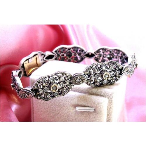 Gold and Silver Bracelet with Chips and Crowned Diamonds For Sale - Image 4 of 9