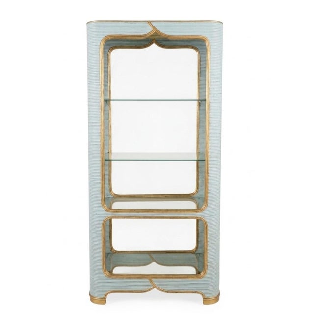 Baby Blue Vintage Custom Painted Baby Blue Gold Arched Pencil Reed Glass Shelving Unit Etagere For Sale - Image 8 of 13