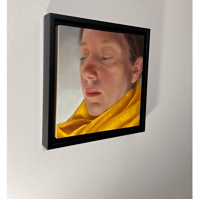 Contemporary Glow by Amy Gibson | Oil on cradled wood panel Portrait of a woman with closed eyes and yellow scarf For Sale - Image 3 of 3