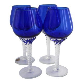 Vintage Italian Empoli Cobalt Blue Wine Goblets Glasses, Hand Blown - Set of 4 For Sale