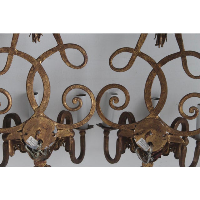 Vintage Italian Florentine Style Gold Finished Scrolling Arms Electric Wall Sconces- A Pair For Sale - Image 14 of 15
