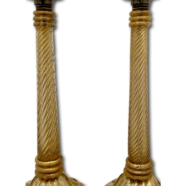 Metal Mid 20th Century Mid Century Hand Made Italian Murano Goldstone Art Glass Table Lamp Bases - a Pair For Sale - Image 7 of 18