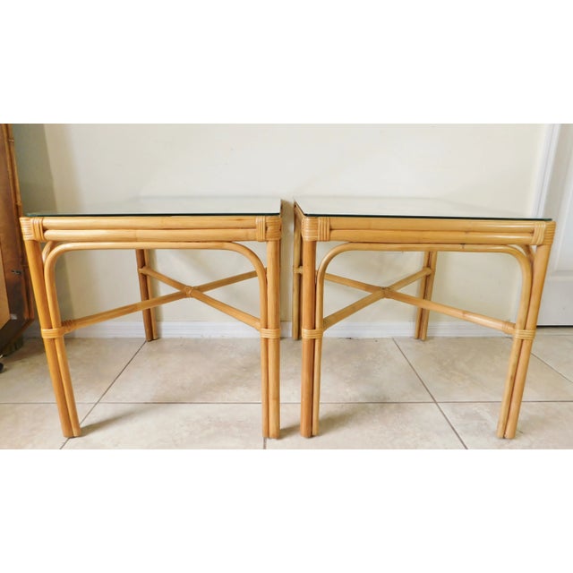 Pair Vintage Mid Century Modern Palm Beach Style Rattan Glass Top Side/End Tables For Sale - Image 4 of 12
