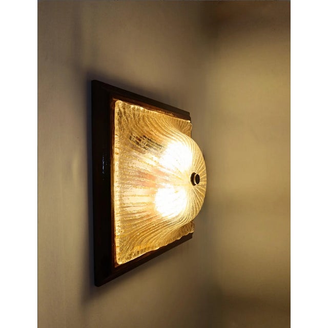 Mid-Century Modern Art Deco Style Flush Mount or Wall Light in Wood and Murano Glass attributed to Barovier and Toso, 1960s For Sale - Image 4 of 12