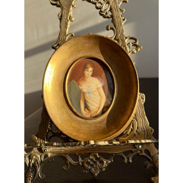 Goldenrod Antique/ Vintage Miniature Italian Signed Hand Painted Portrait, Lady in Nightgown With Gilded Wooden Frame For Sale - Image 8 of 15