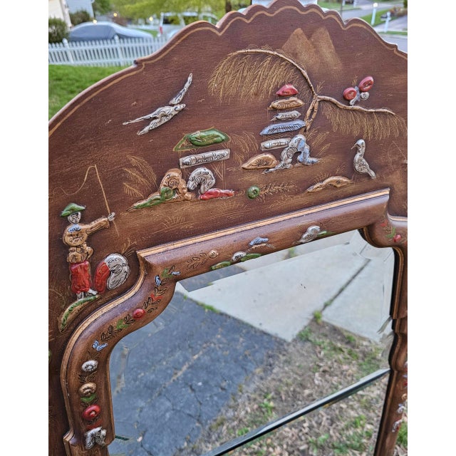 Chinoiserie Vintage Hand-Painted Embossed Two-Plate Chinoiserie Mirror For Sale - Image 3 of 7