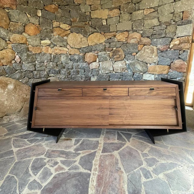 Ambianic Modern Floating Credenza in Walnut Bronze and Leather For Sale - Image 4 of 12