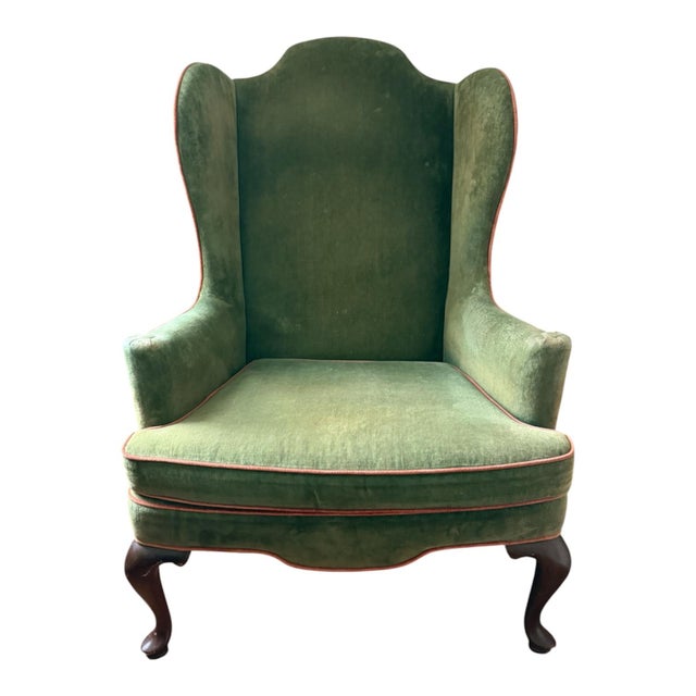 Vintage Wingback Chair and Ottoman by Woodmark Originals in Green Velvet With Terracotta Piping, a Set For Sale - Image 11 of 13