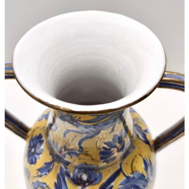 Vintage Handmade Yellow and Blue Glazed Ceramic Amphora Vase by Zulimo Aretini, Italy, 1950s For Sale - Image 6 of 15