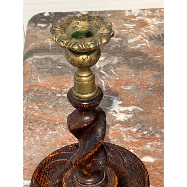 19th Century Pair of Oak Barley Twist Candlesticks With Brass Sconces For Sale - Image 5 of 9