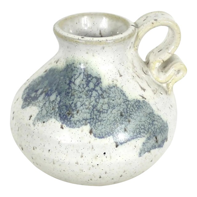 Vintage Signed Studio Pottery Vase Small White Blue Organic Form Handle Speckled For Sale
