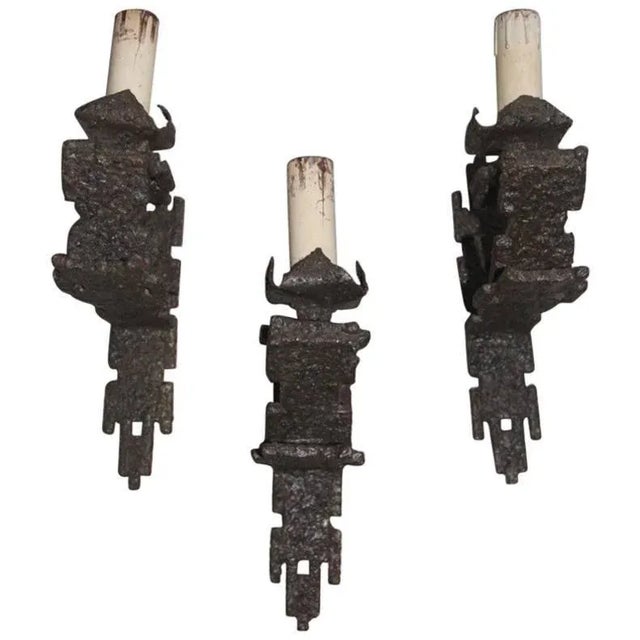 Black Brutalist Iron Wall Sconces, 1960s, Set of 3 For Sale - Image 8 of 8