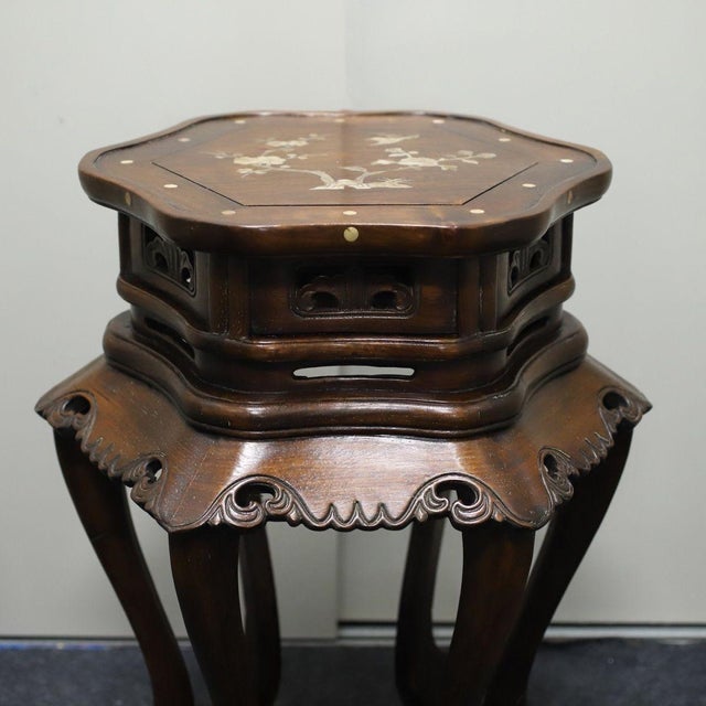 Pair of Huali Rosewood Hexagonal Plant Stands Inlaid With Mother-of-Pearl For Sale - Image 9 of 10