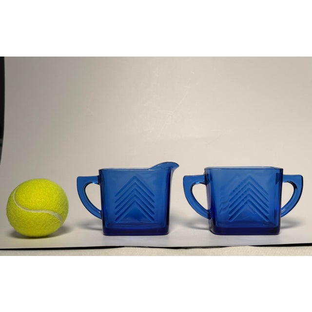 Vintage Art Deco "Chevron" Cobalt Blue Depression Glass Sugar & Creamer Set For Sale - Image 10 of 10