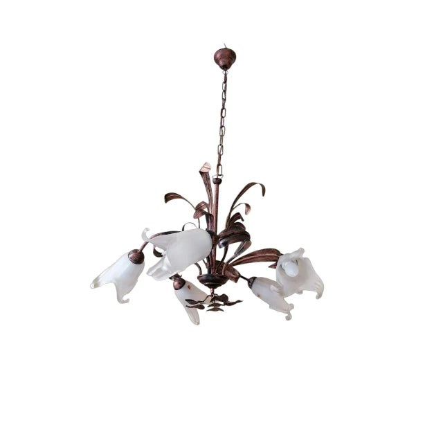 Copper Five-Light Spiral Pendant with Copper-Colored Wrought Iron Leaves and Glass Lily Cups, 1980s For Sale - Image 8 of 8