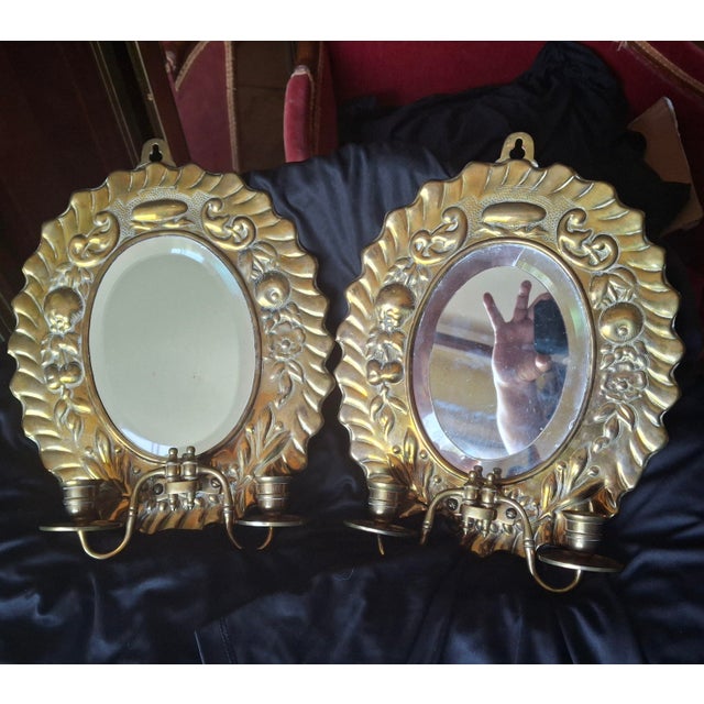 Brass C1820 British Georgian Brass Repousse Mirrored Candle Wall Sconces a - Pair For Sale - Image 8 of 8