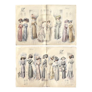 Antique French 1910 Fashion Illustrations - a Pair For Sale