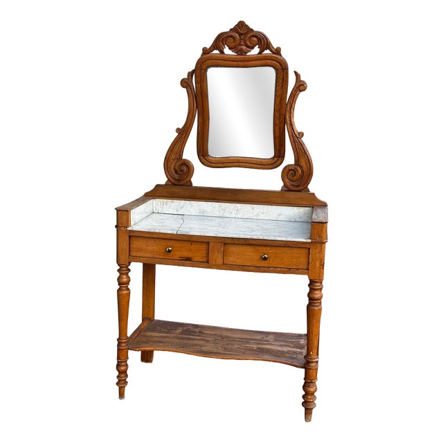 Louis Philippe Cherrywood Dressing Table with Marble Top and Swiveling Mirror, France, 19th Century For Sale
