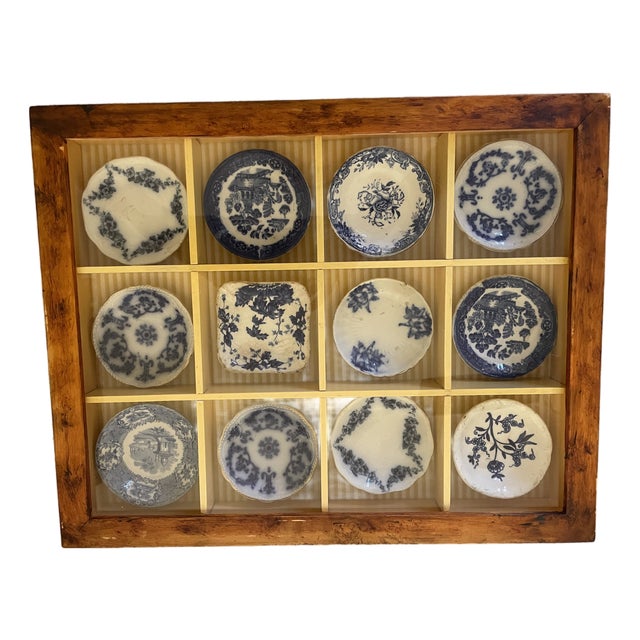 Late 19th Century Blue and White Butter Pats in Shadow Box Frame For Sale