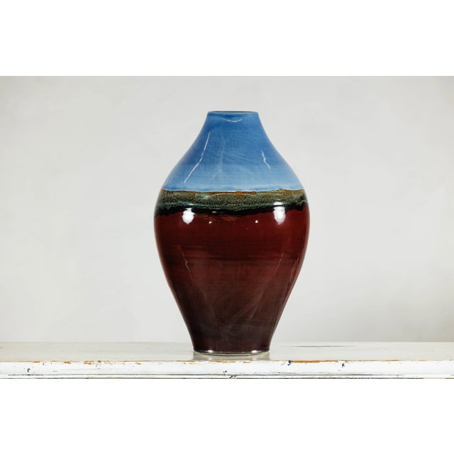 Late 20th Century Large Glazed Ceramic Vase with Blue, Green, and Brown Tones For Sale - Image 5 of 12
