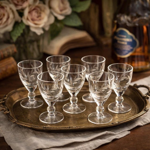 Shabby Chic Vintage Etched Leaf Motif Cordial Glasses 3” Tall - Set of 6 For Sale - Image 3 of 11