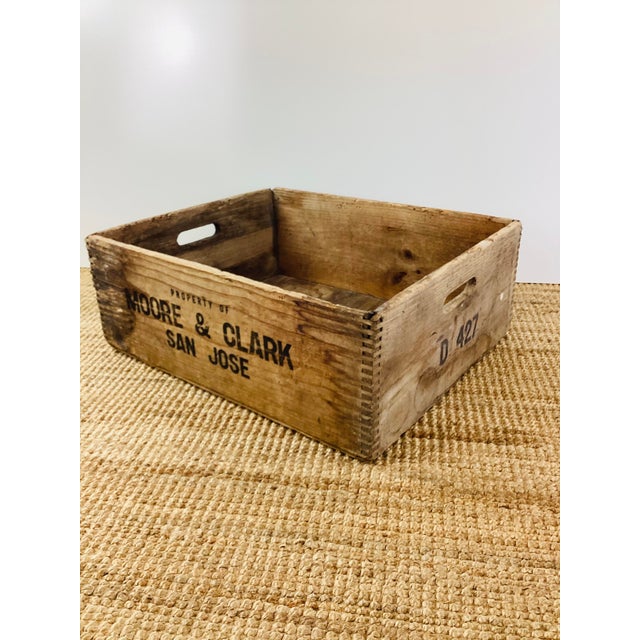 Vintage / Antique Rustic Farmhouse Wood Shipping Crate made of wood finger joints stamped Moore & Clark San Jose handles...