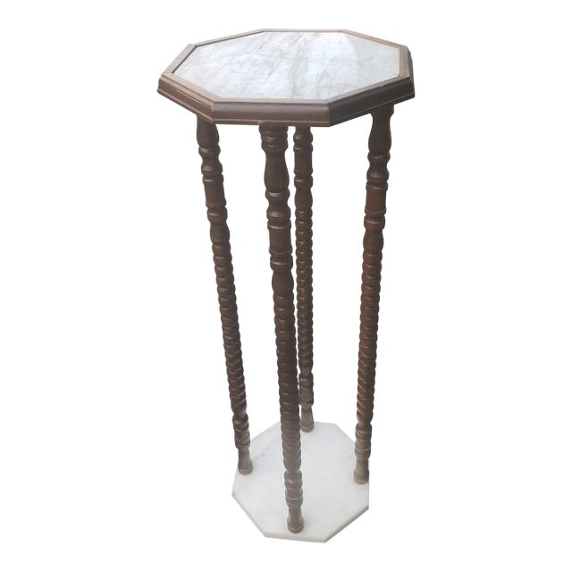 Vintage Marble and Walnut Bobbin Turned Legs Stand, Circa 1940s For Sale