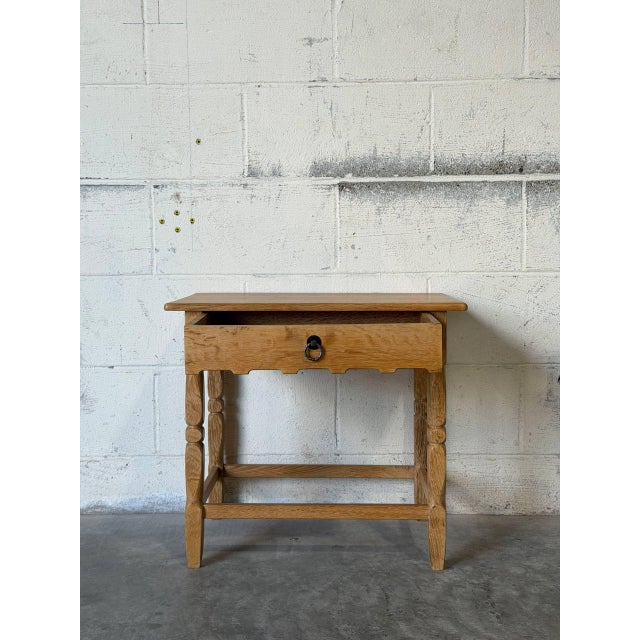Oak Side Table With Single Drawer Turned Legs and Metal Pull Accent Vintage 1970s For Sale - Image 9 of 10