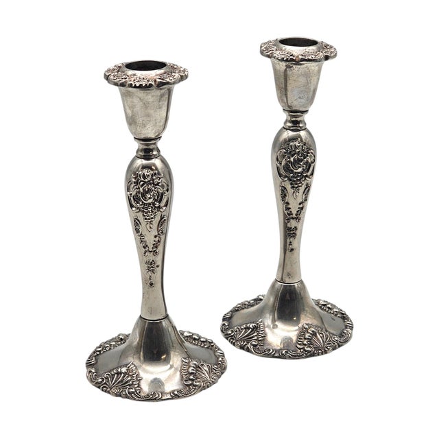 Silver Pair Godinger Baroque Silverplate Candlesticks — Rococo Revival 8.25" For Sale - Image 8 of 11