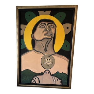 Puerto Rican Fine Art Painting “Cacique Jayuya” by Victor Bodón Cotto, 1999 – Large Signed Oil on Canvas