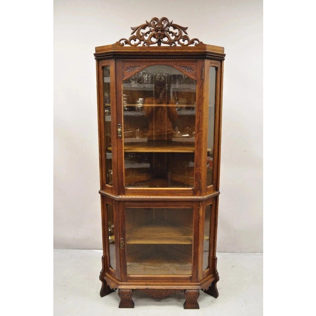 Antique Victorian Renaissance Oak Glass Door Carved Curio Corner China Cabinet For Sale - Image 12 of 12