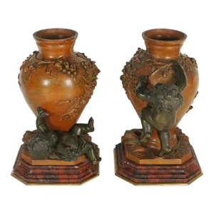 Pair Antique French Bronze Putti Vases Signed Auguste Moreau