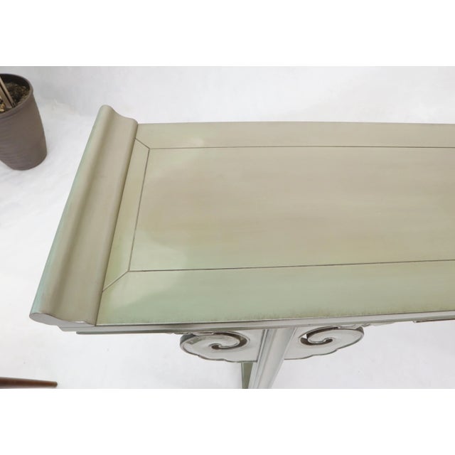 Olive Faux Paint Enamel Finish Carved Base Console Table with Rolled Edges For Sale - Image 11 of 13