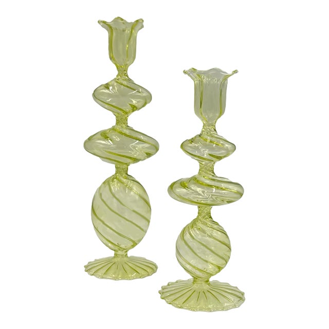 Green Swirl Glass Candlestick, Medium, Set of 2 For Sale