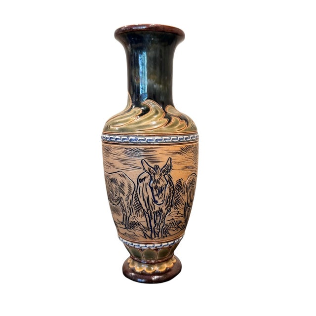 Royal Doulton Antique Royal Doulton Lambeth Stoneware Hanna Barlow Incised Donkey Vase For Sale - Image 4 of 17