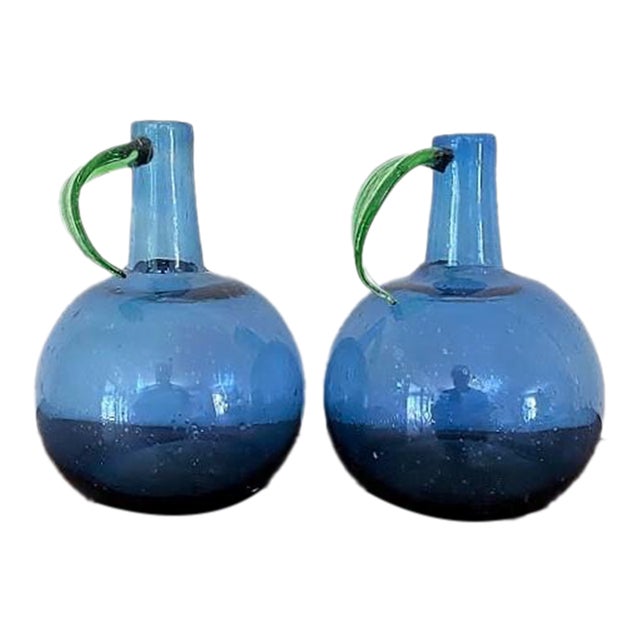 Pair of Blue Glass Jugs For Sale