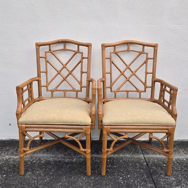 Brown Late 20th Century Lexington Chinese Chippendale Faux Bamboo Rattan Dining Arm Chairs, Set of 4 For Sale - Image 8 of 15